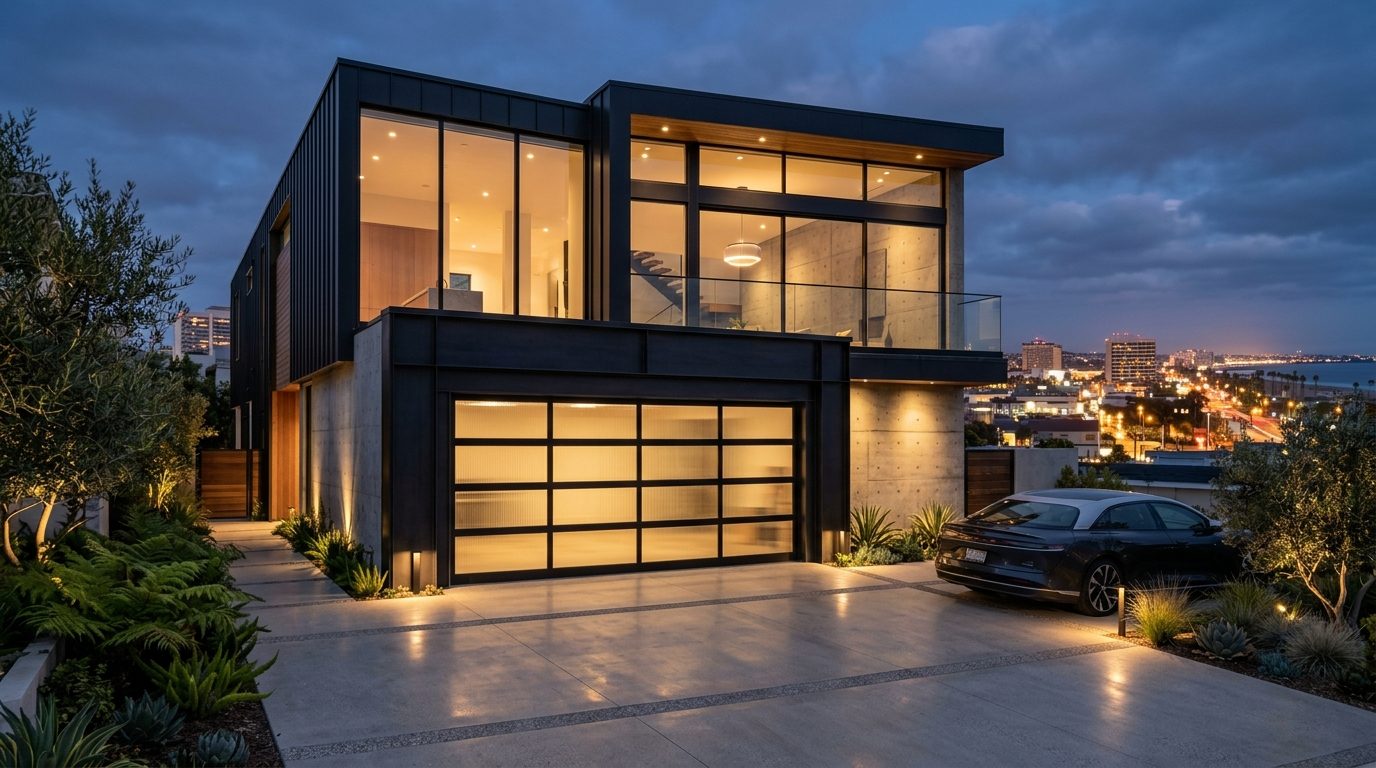 Hoskins Local Garage Door Exterior Closed Garage Door at Twilight